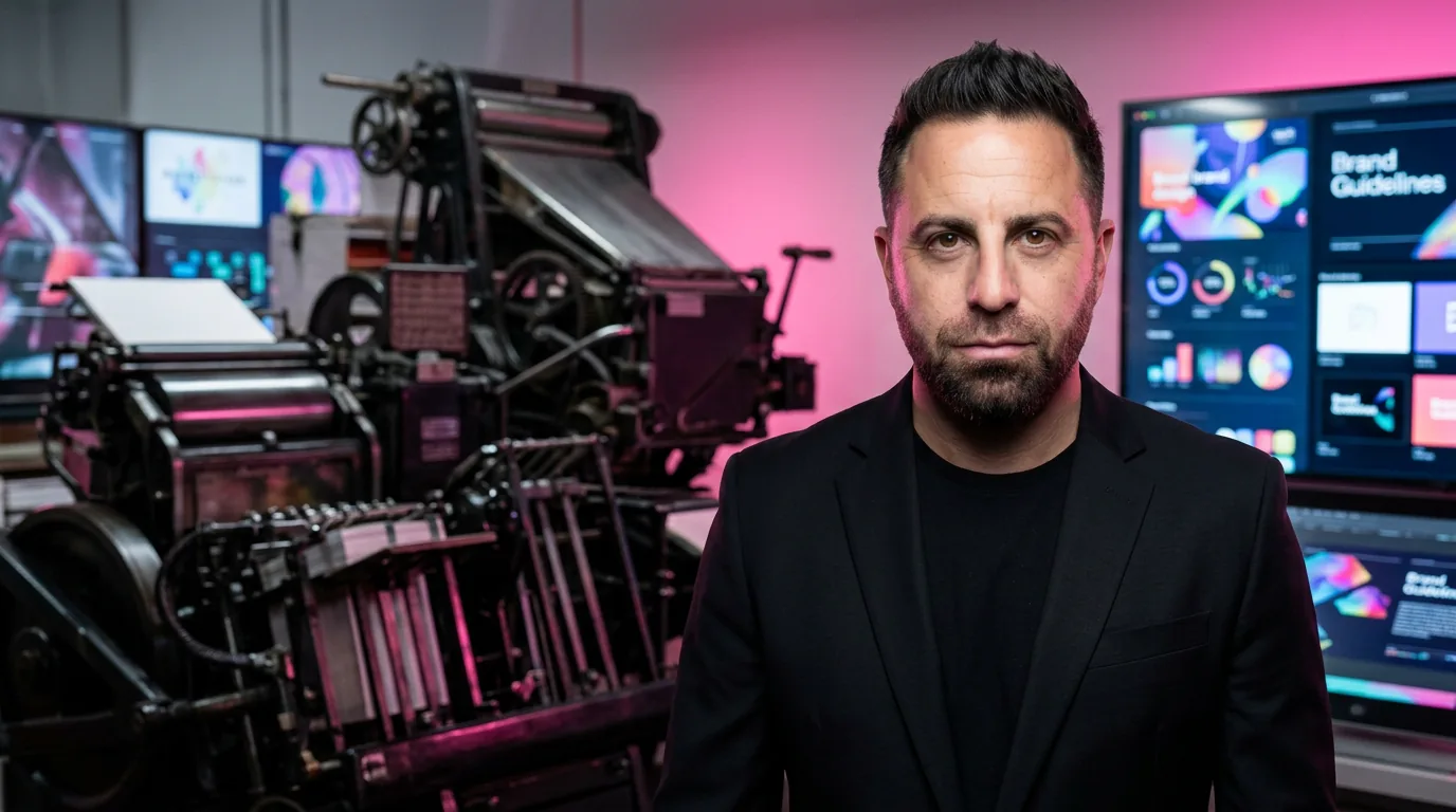 Founder standing between vintage printing presses and modern brand screens