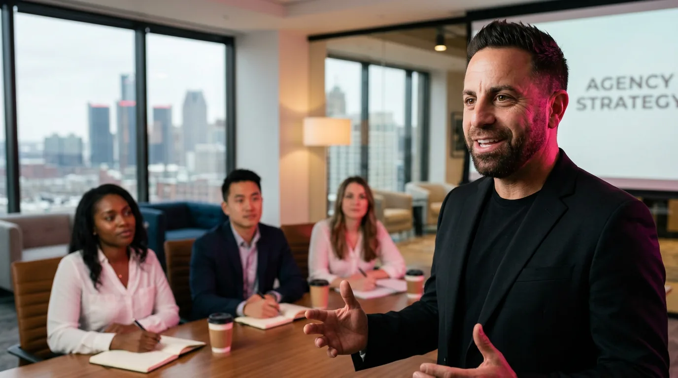 Global creative team collaborating in a modern office overlooking the city