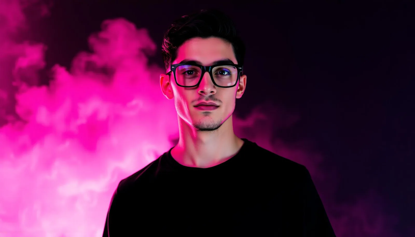 Ace lit by hot pink smoke in a cinematic AI tech portrait