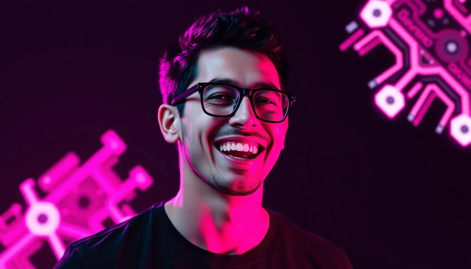 Ace laughing with holographic circuit graphics glowing in magenta