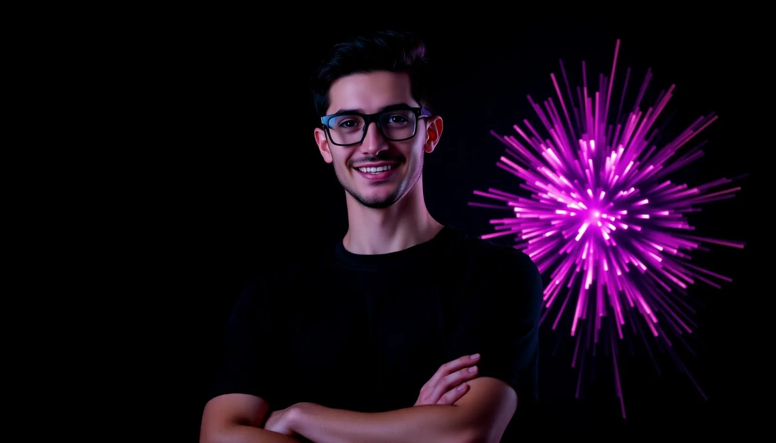 Ace with arms crossed beside an explosive pink neon light burst