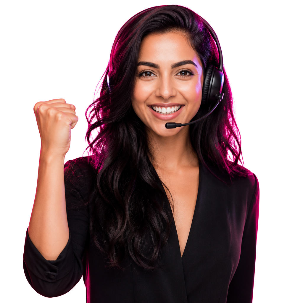 Woman in a headset celebrating a business that never misses a call