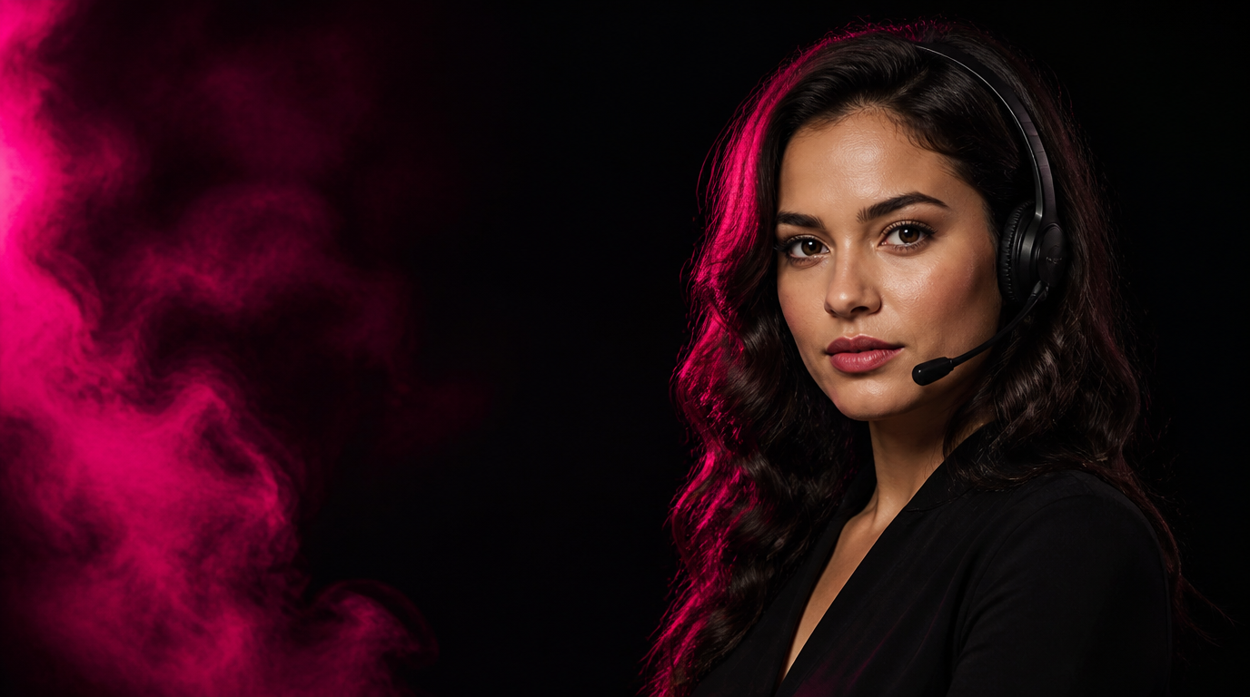 Smash AI voice agent represented by a woman in a call-center headset lit by hot pink smoke