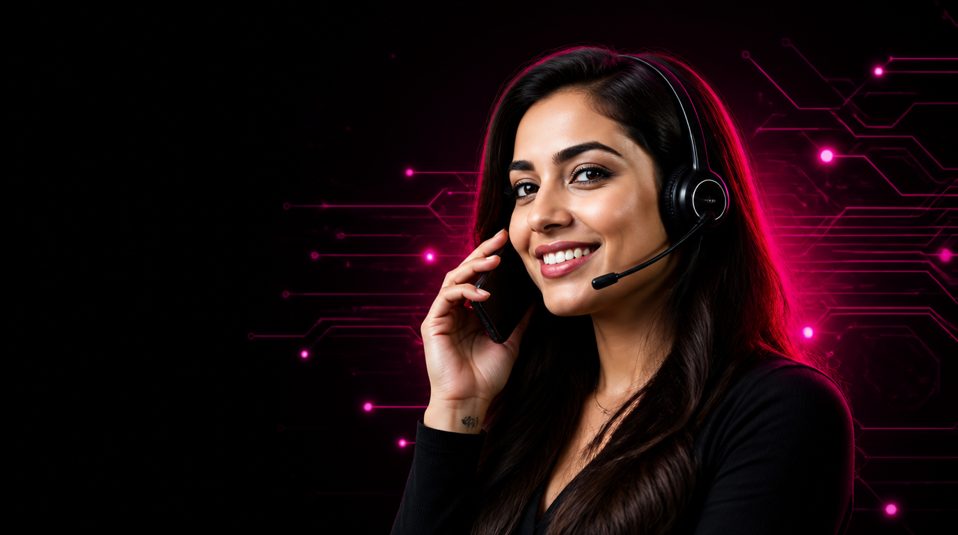 Woman in a headset smiling on a phone call with glowing magenta circuit graphics
