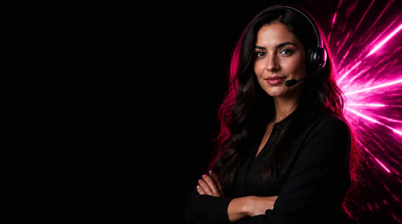 Woman in a call-center headset with arms crossed beside a pink neon burst