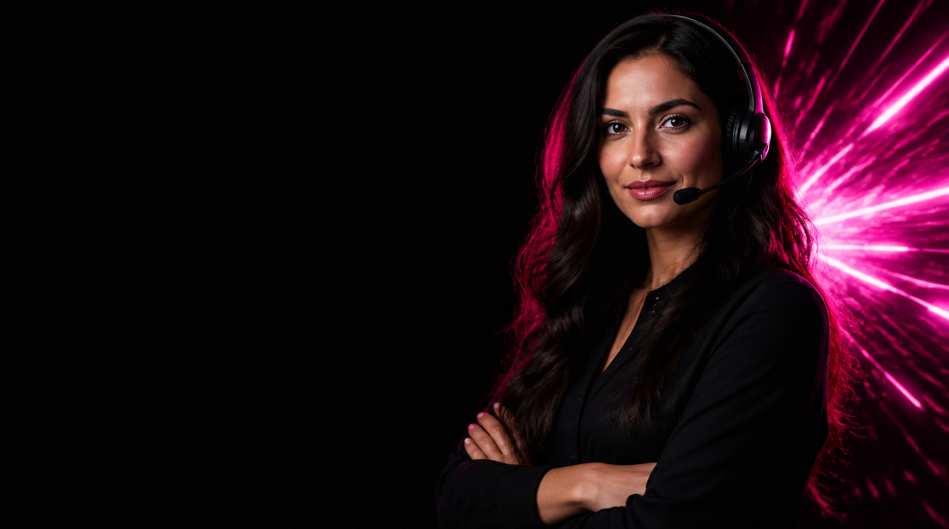Woman in a call-center headset with arms crossed beside a pink neon burst