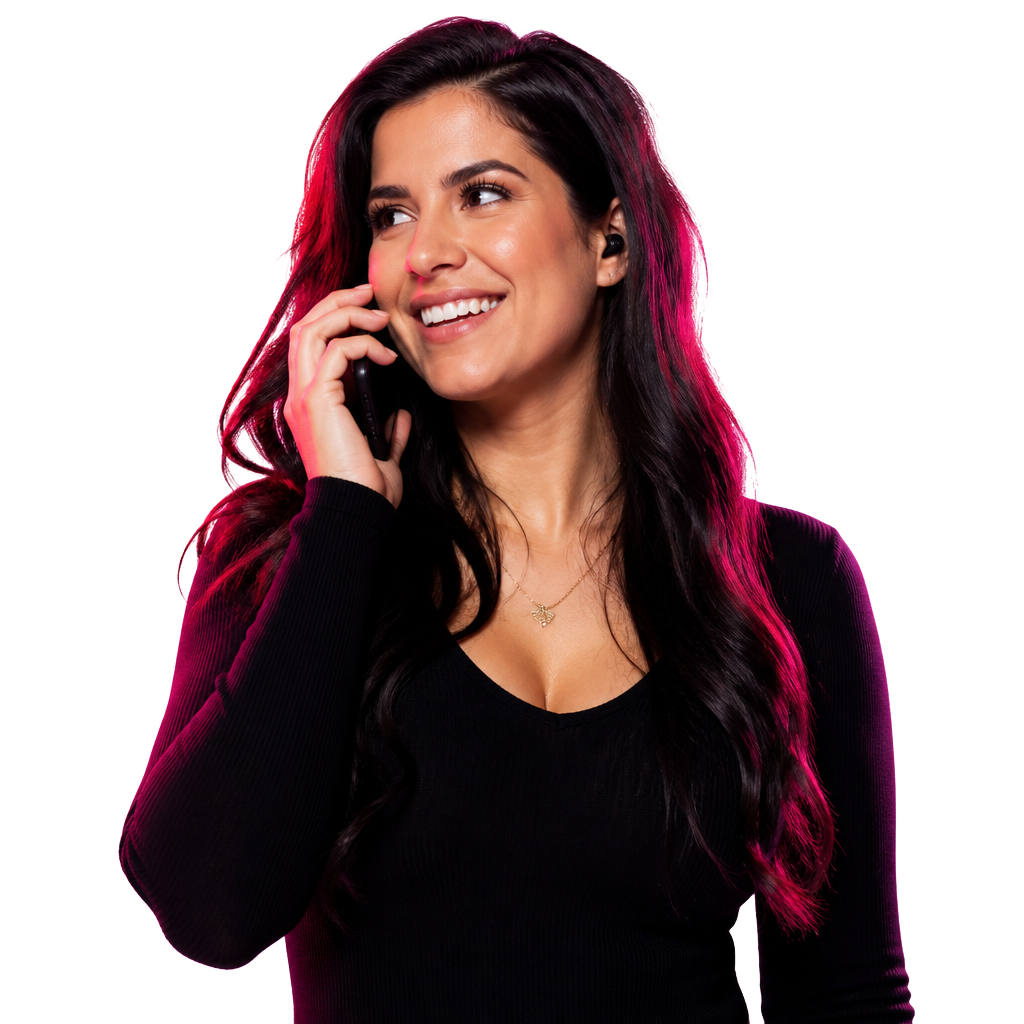 Woman on a phone call inviting you to hear the Smash AI voice agent live