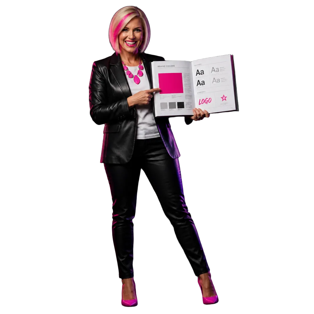 Betty holding an open brand guide and pointing at a hot pink color swatch