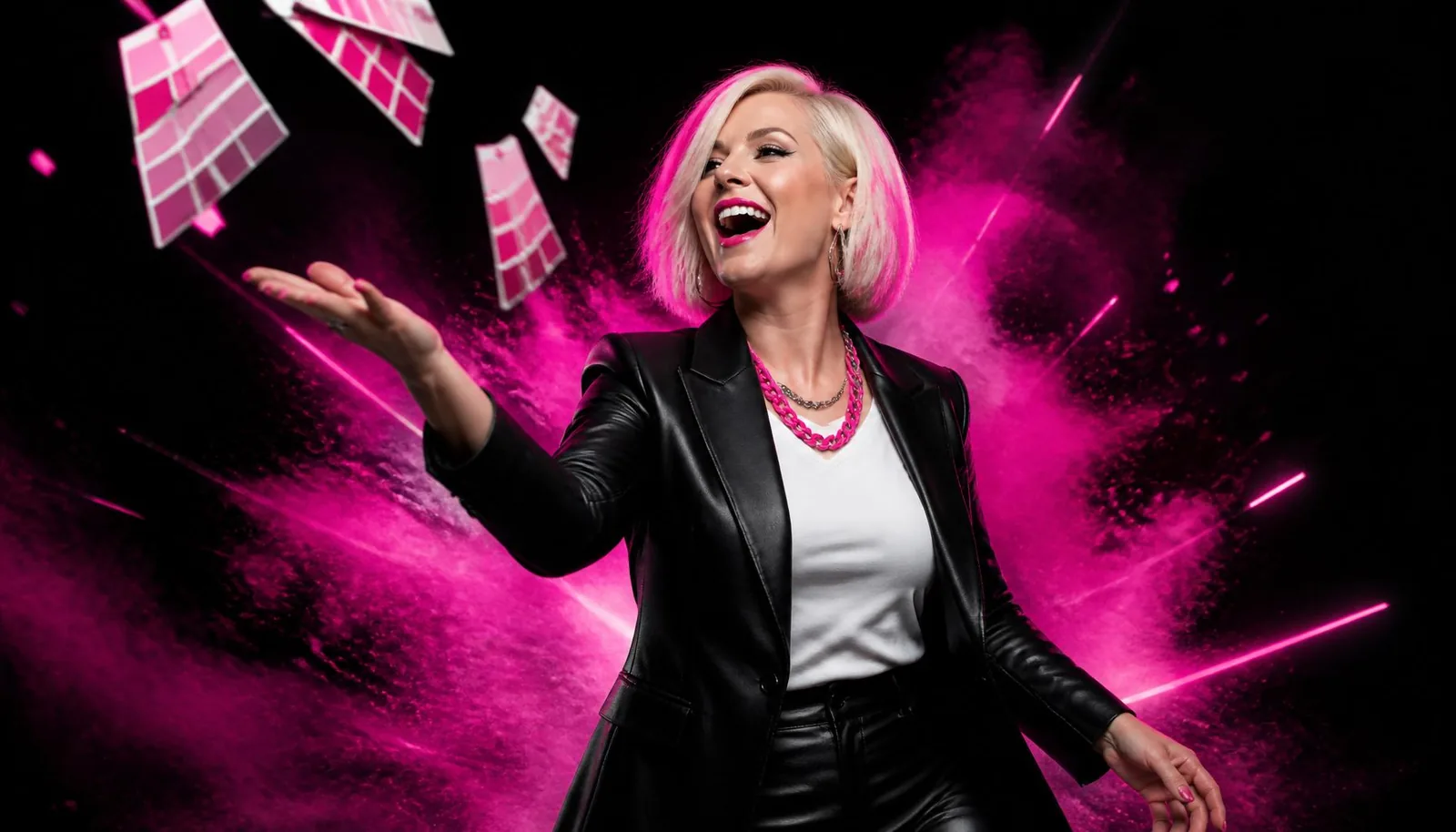 Betty tossing hot pink color swatches into the air