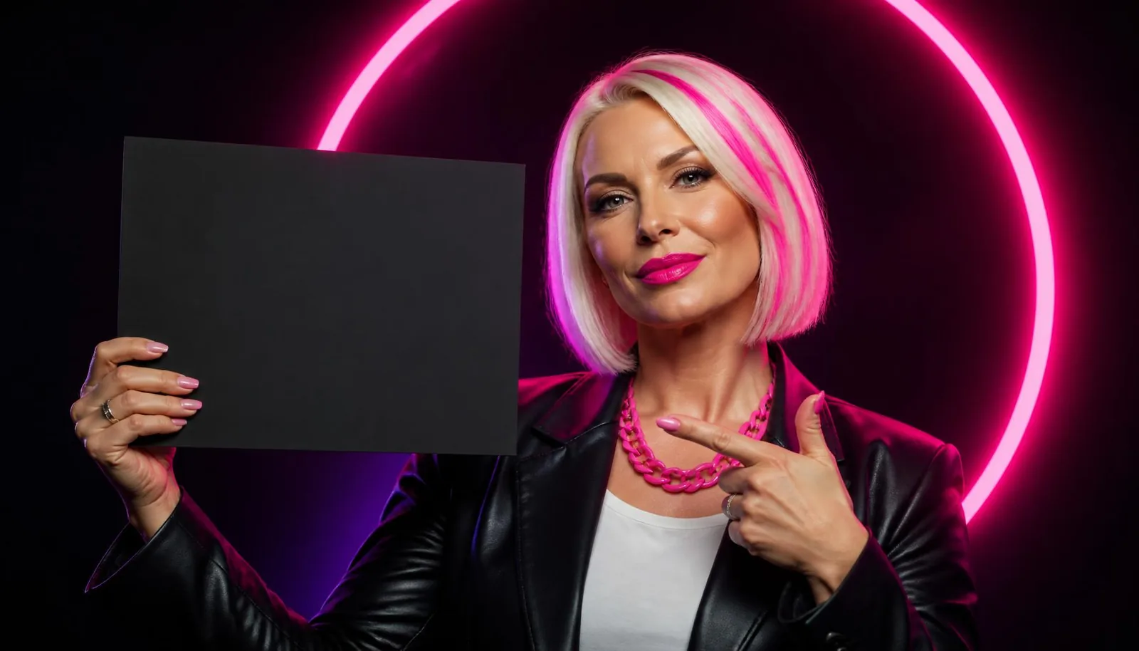 Betty presenting a bold logo mockup under a neon halo