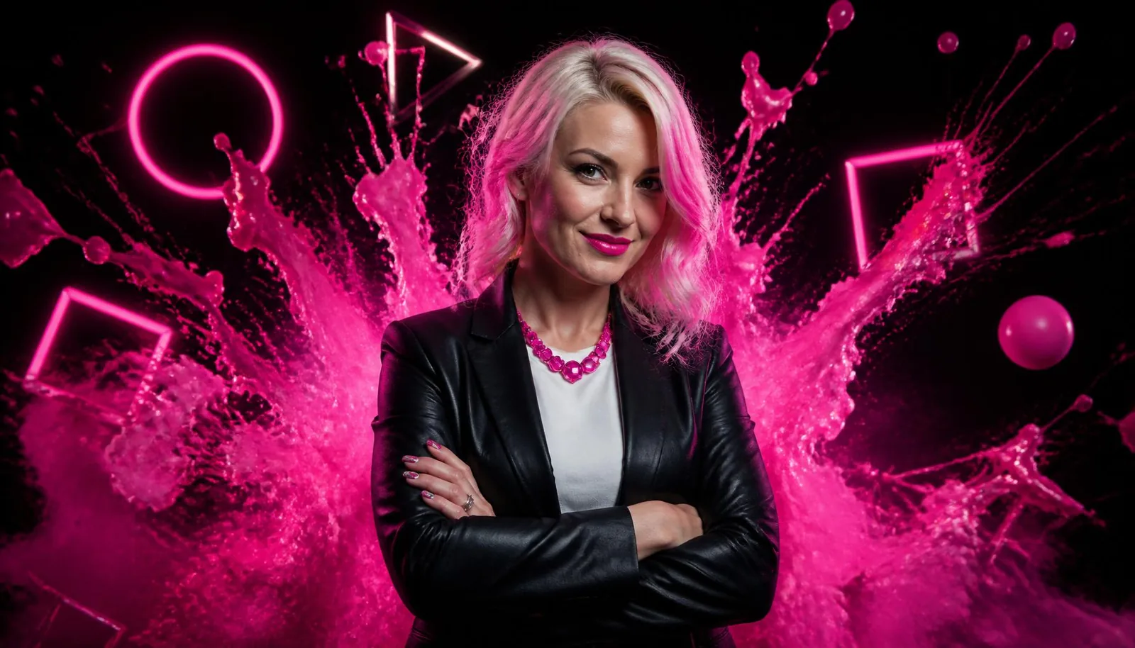Betty with crossed arms and an explosion of pink brand shapes