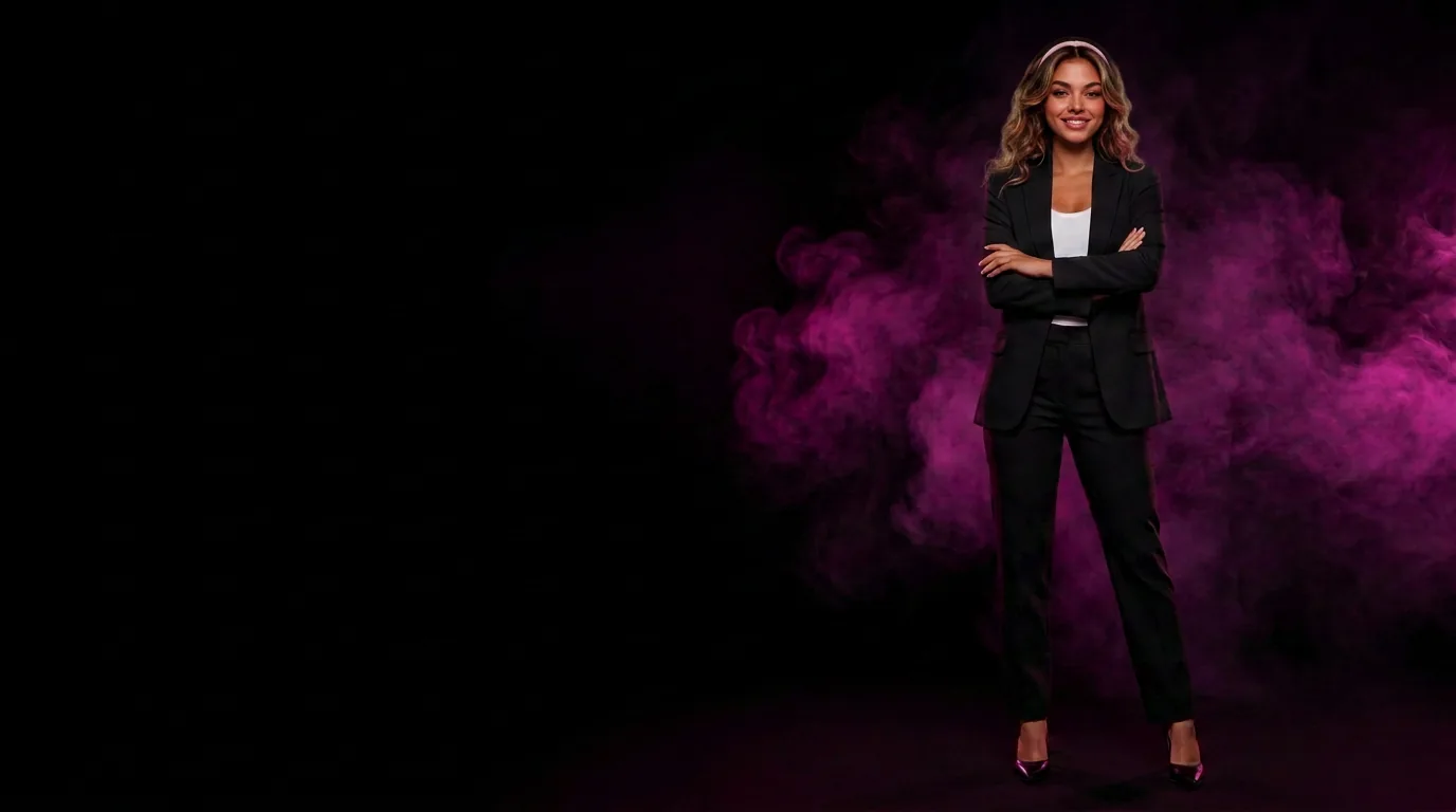 CiCi standing tall in a black suit surrounded by hot pink smoke