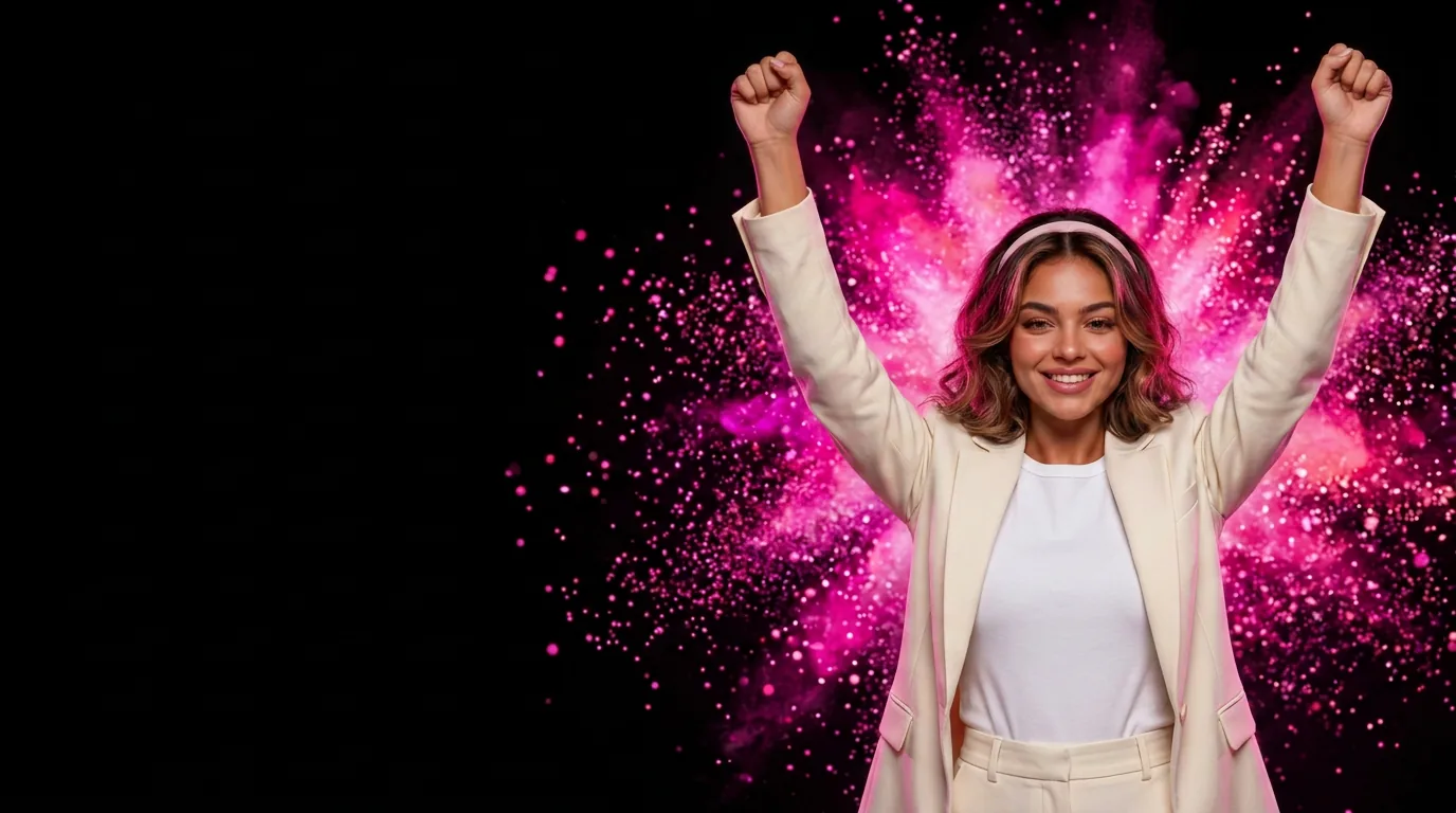 CiCi celebrating with fists raised in an explosion of hot pink light