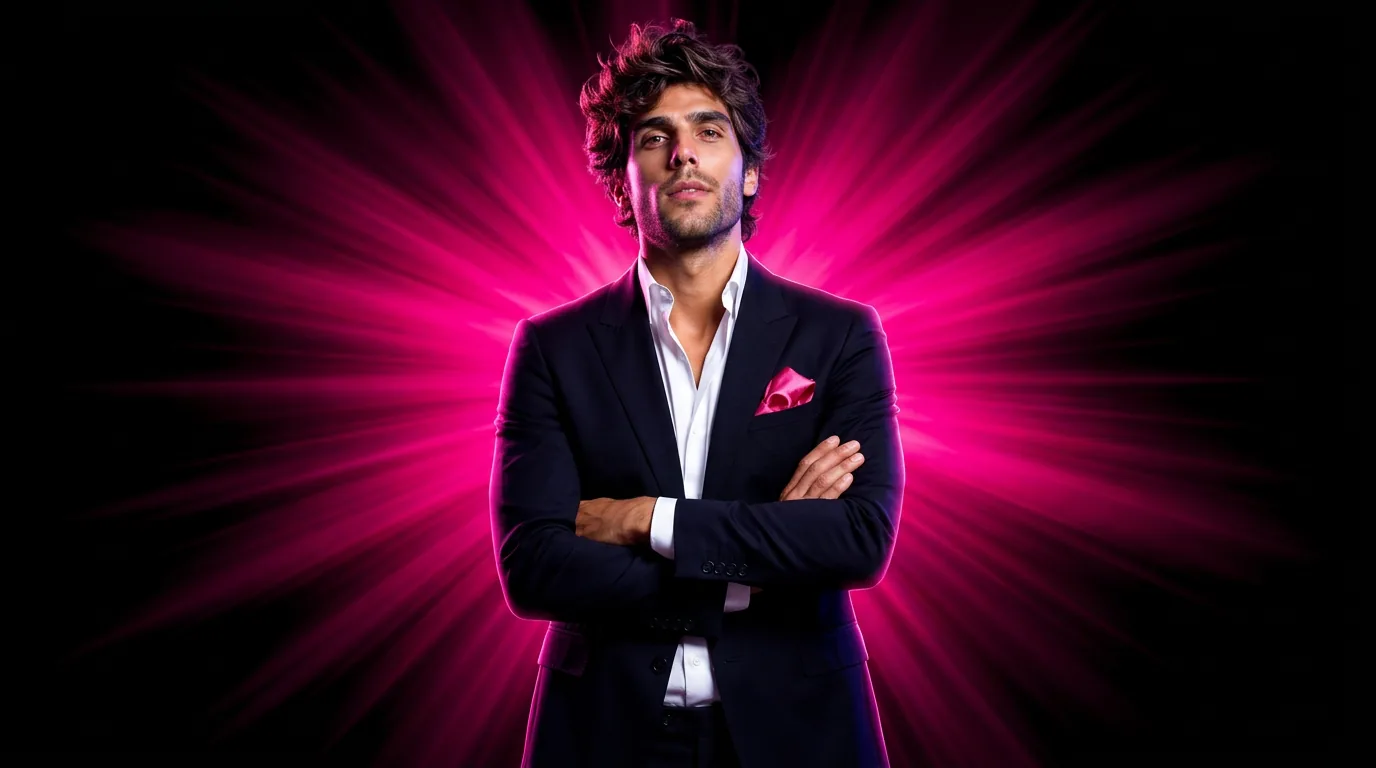 Graphic designer in navy blazer with arms crossed and explosive pink light rays