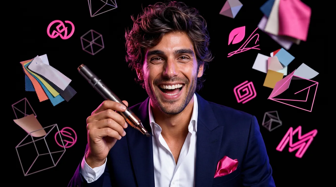 Designer with marker surrounded by color swatches and floating brand elements