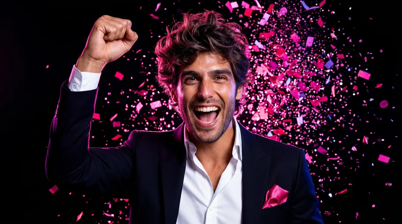 Designer celebrating a launch with hot pink confetti burst