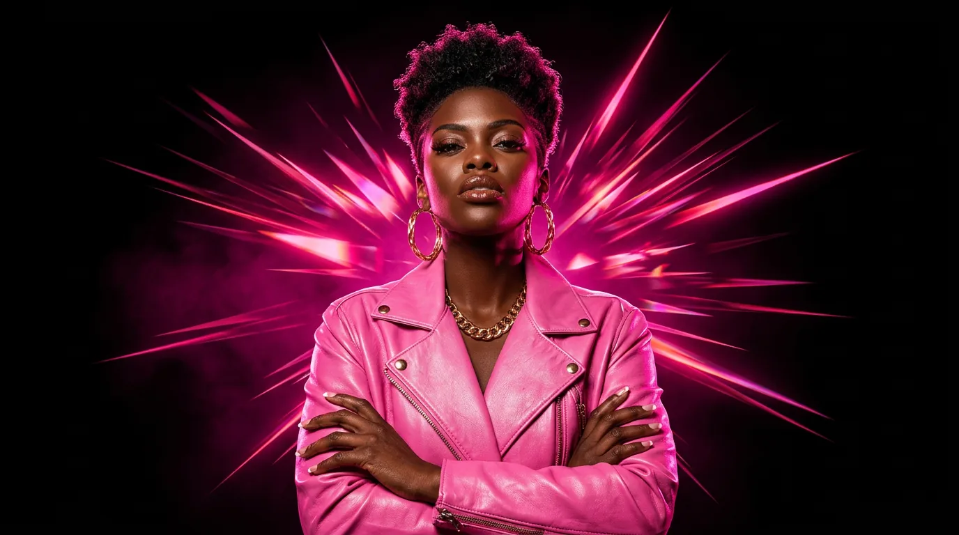 Alexis Ads standing confidently in a hot pink jacket with explosive neon light rays