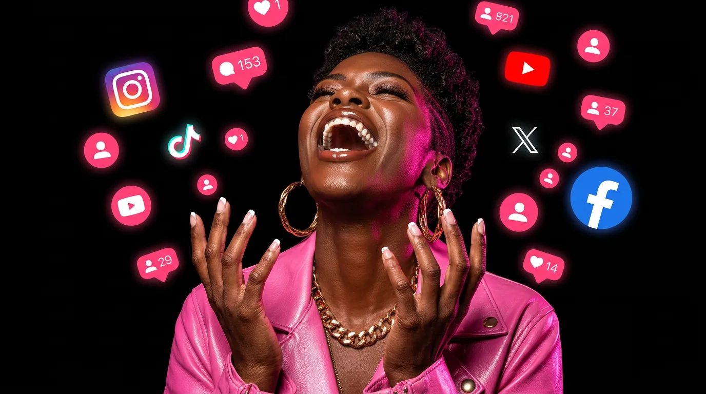 Alexis Ads laughing as social media and ad platform icons float around her