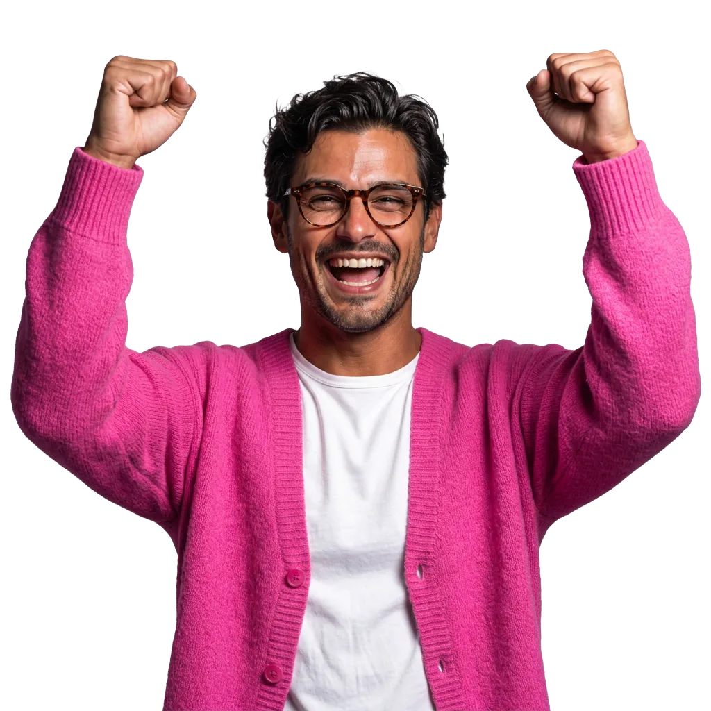 Excited entrepreneur celebrating website launch with arms raised