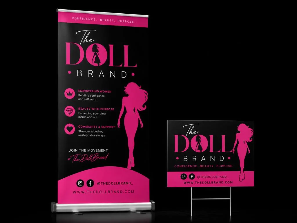Retractable banner stand and yard sign with hot pink branding