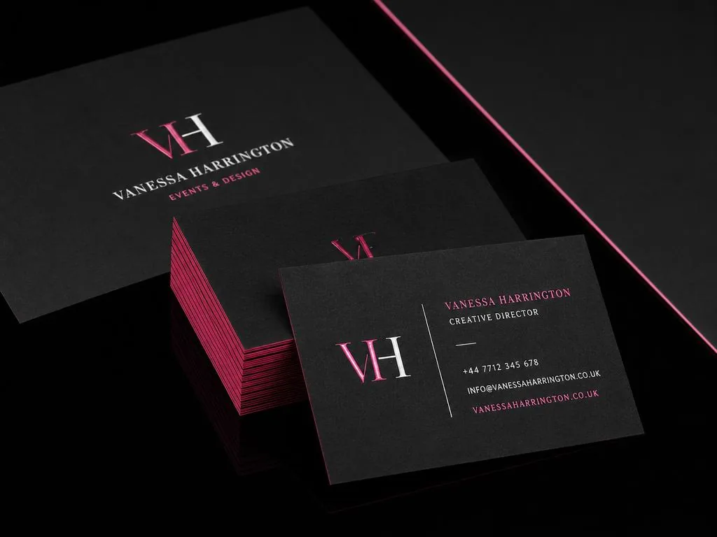 Premium business cards and stationery with hot pink foil accents on black