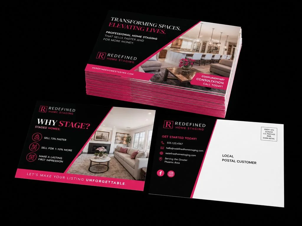 Stack of glossy direct mail postcards and marketing flyers