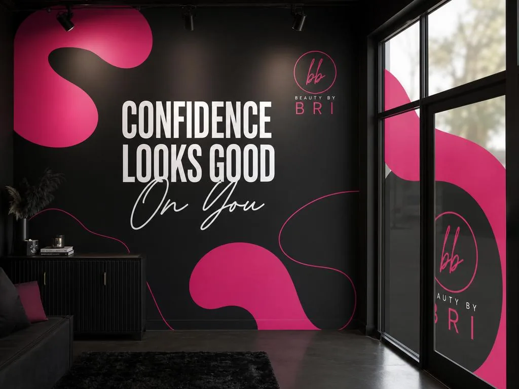 Interior wall mural decal and window graphic with pink abstract shapes