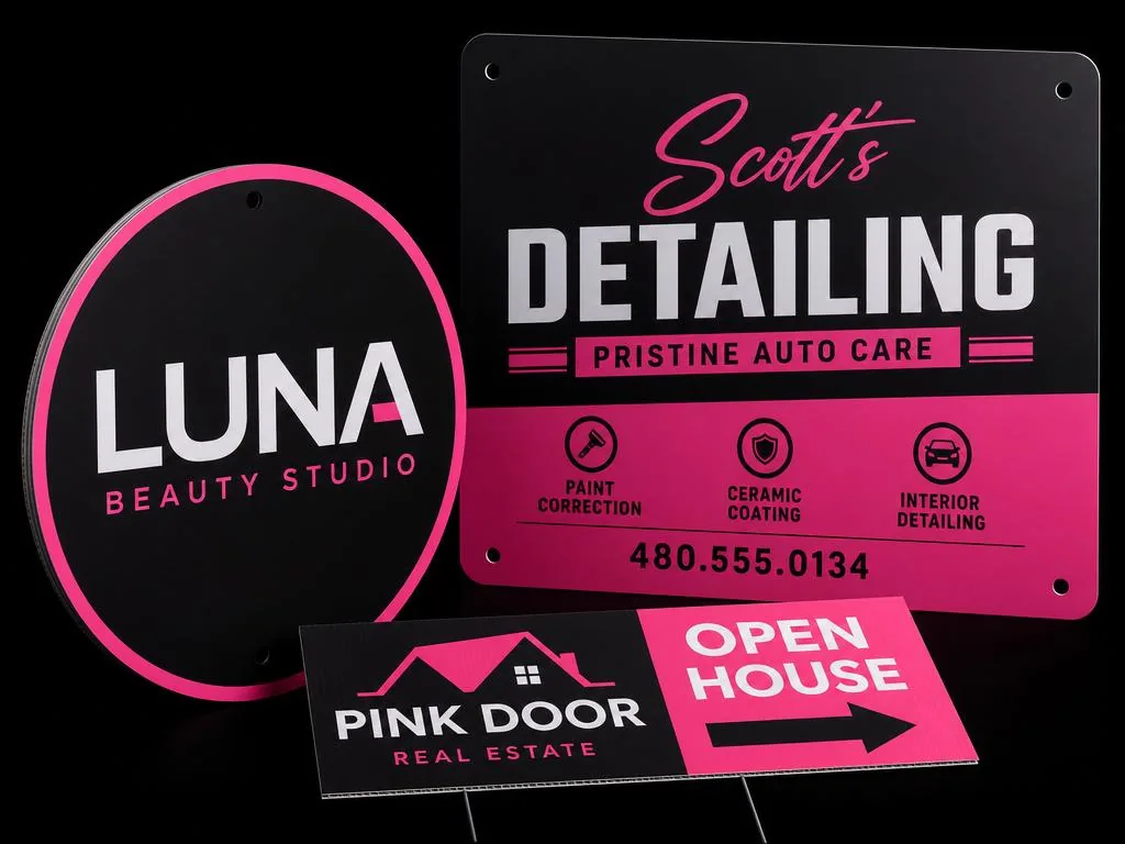 Rigid aluminum and coroplast sign panels in black and hot pink