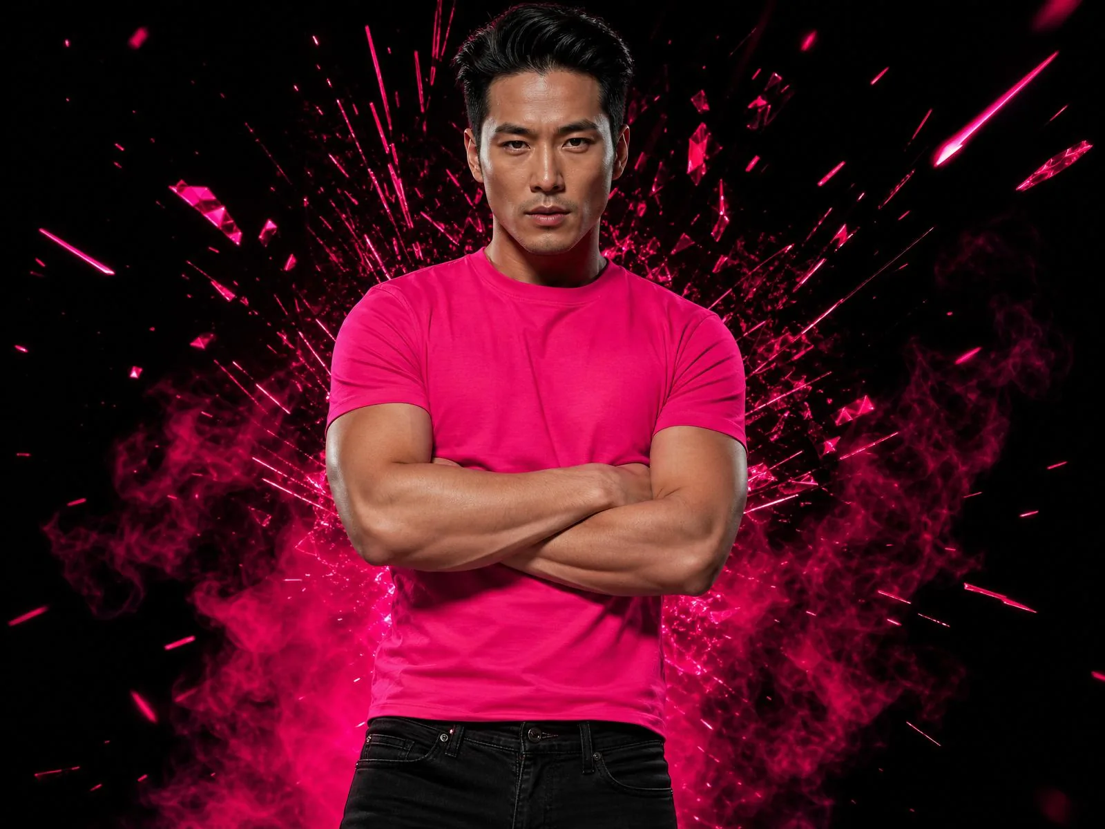 Printing Pete standing with arms crossed in front of a hot pink neon light burst