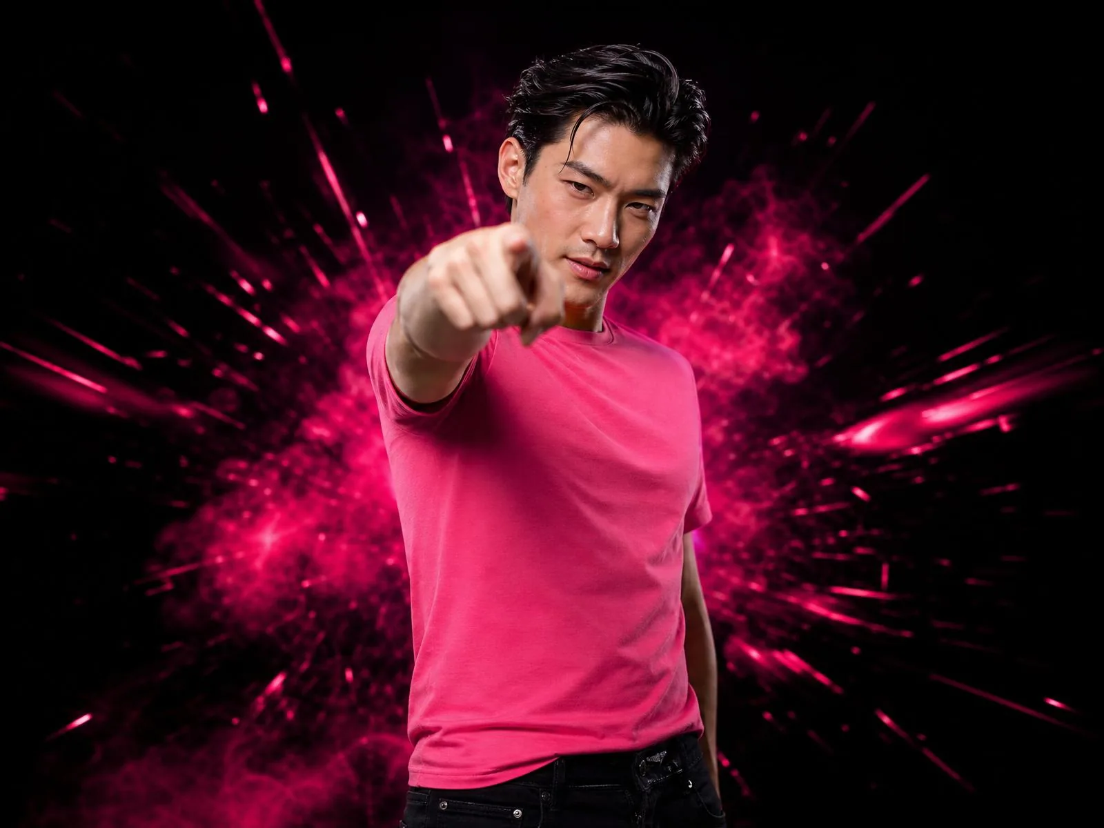 Printing Pete in an ivory blazer with hot pink and purple smoke behind him