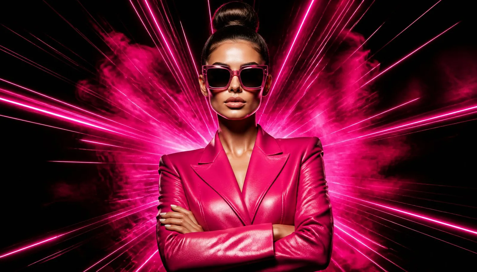 Social Media Sarah standing with arms crossed in a hot pink blazer against an explosive pink neon burst
