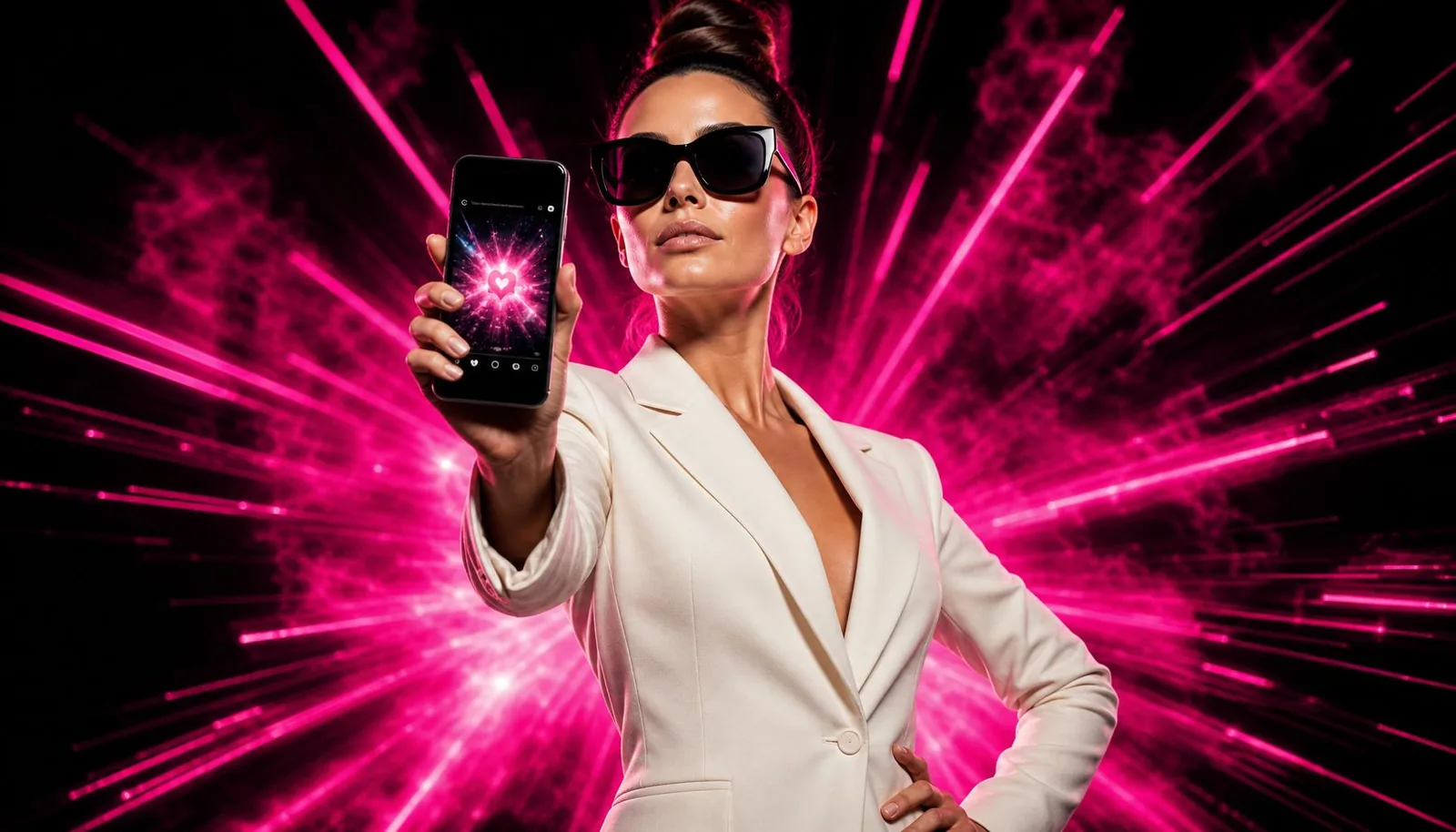 Social Media Sarah in an ivory blazer holding a smartphone with a hot pink neon light burst behind her
