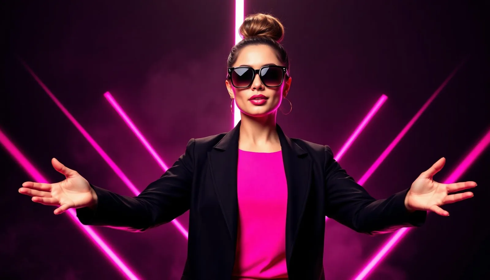 Social Media Sarah in a black blazer presenting with open hands against pink neon laser rays