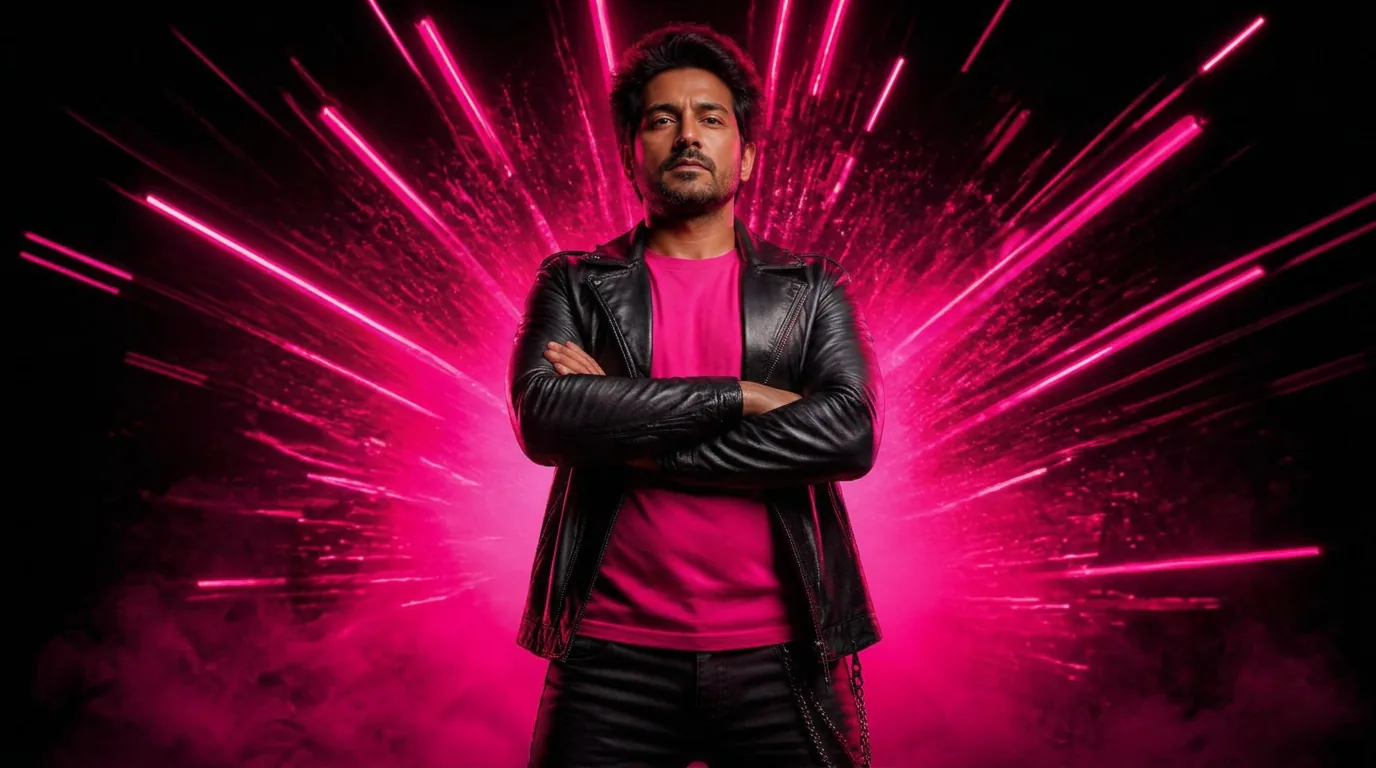 Video Victor in a black leather jacket standing in front of a hot pink neon light burst holding a cinema camera and clapperboard