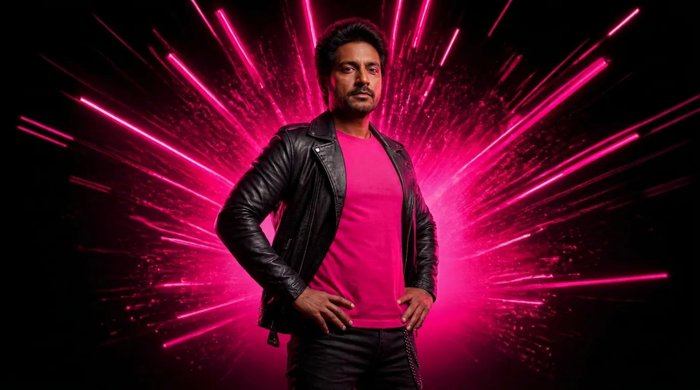 Video Victor in an ivory blazer holding a professional cinema camera on his shoulder with hot pink and purple smoke