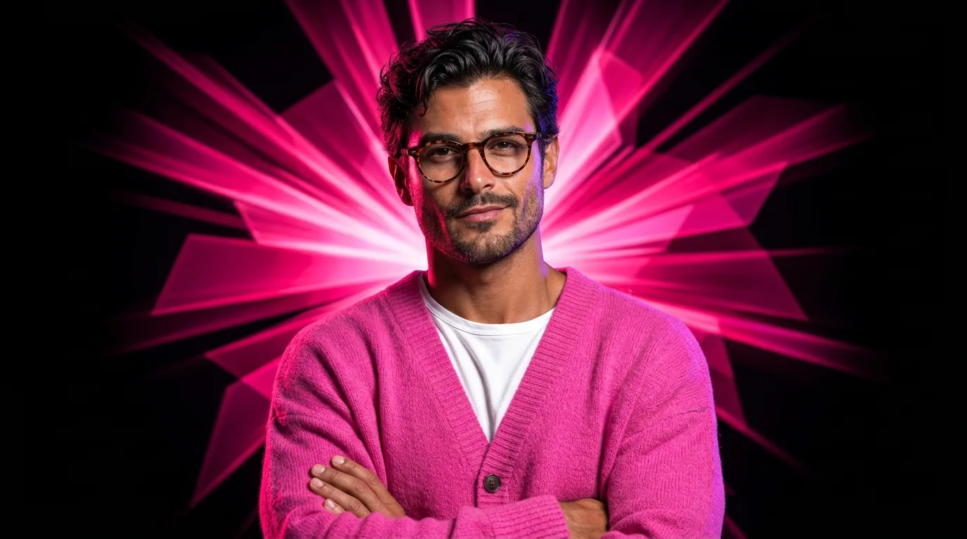 Web designer in hot pink cardigan with arms crossed and neon pink light rays