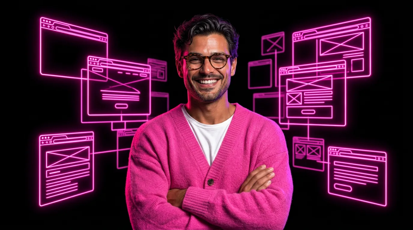 Confident web developer surrounded by glowing browser and UI wireframe frames