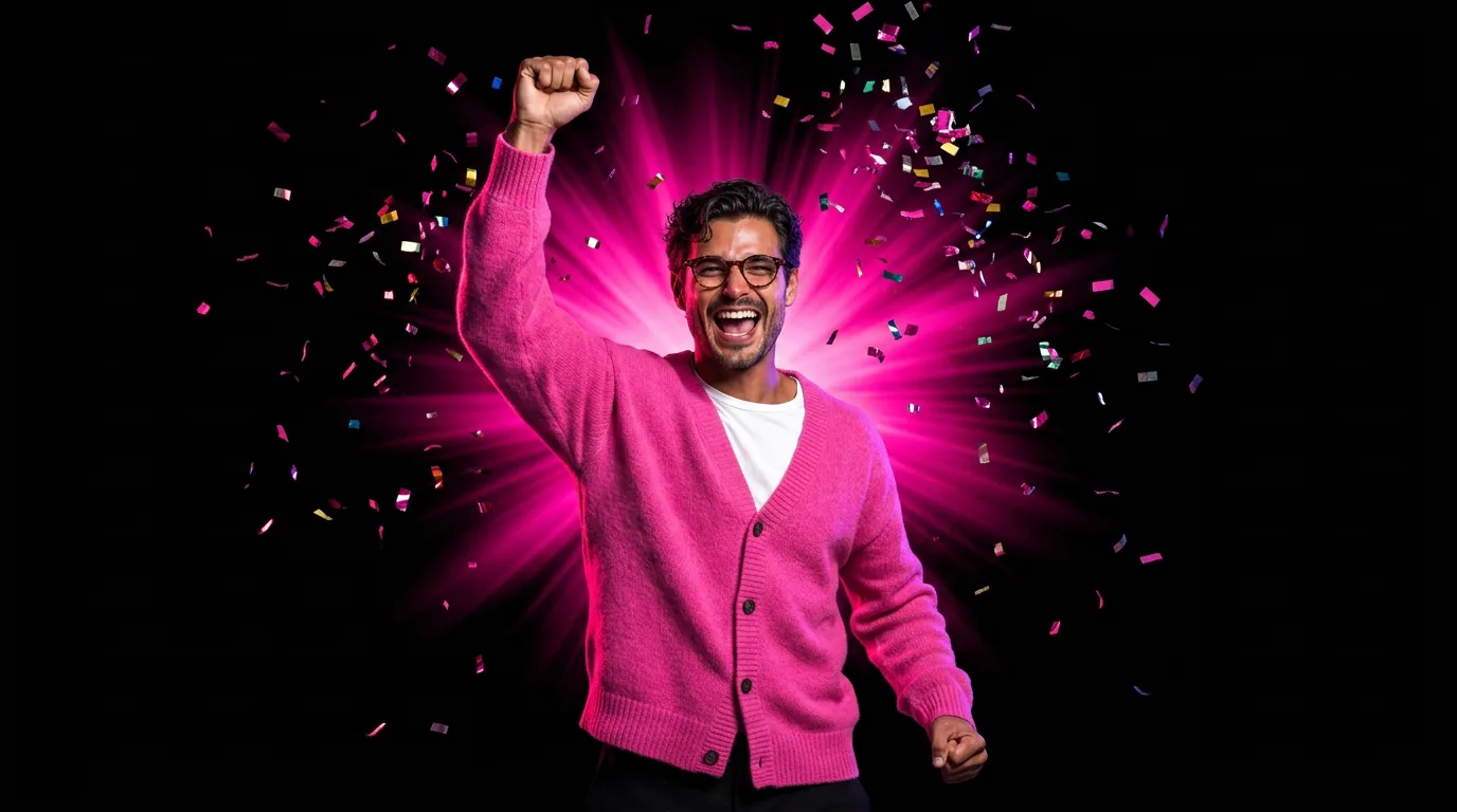 Web designer celebrating a website launch with confetti and pink light burst